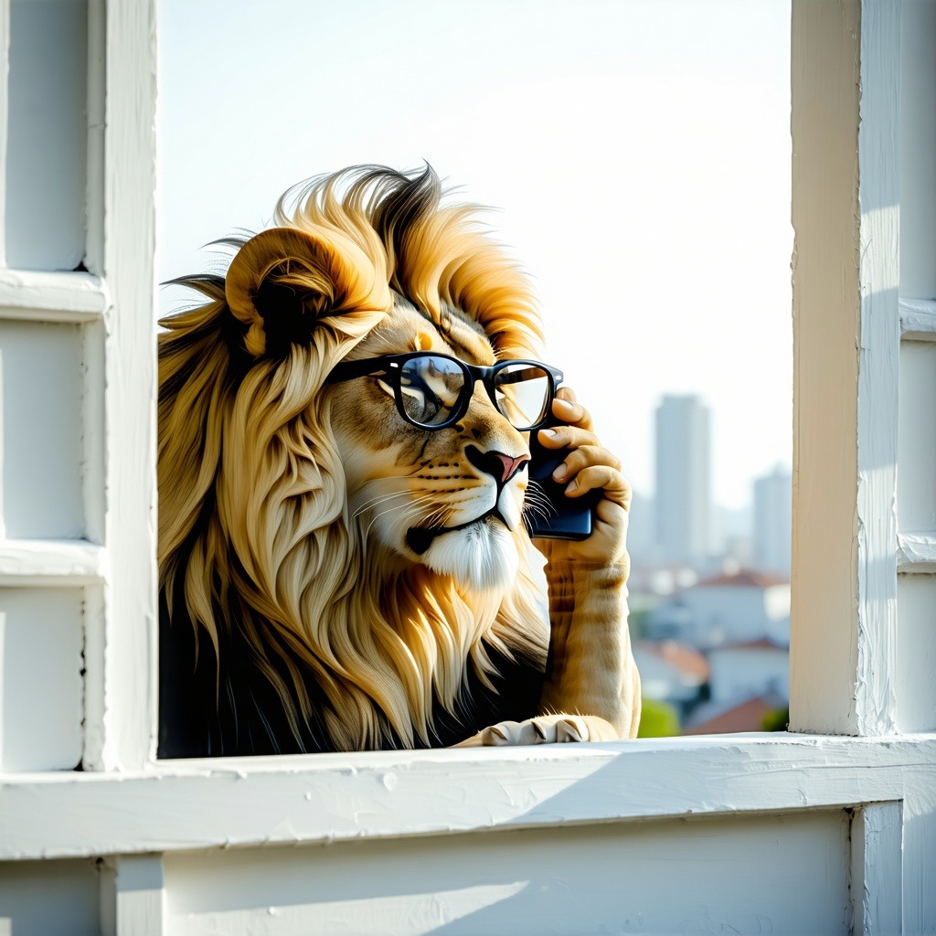 Lion with glasses using a cell phone held up to its ear in a white room with a view of the city photorealistic-1