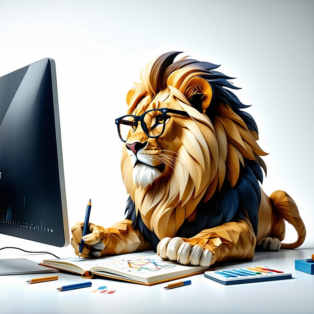 lion with glasses in a white room studying data on a big screen with a dot grid workbook where the lion is drawing things
