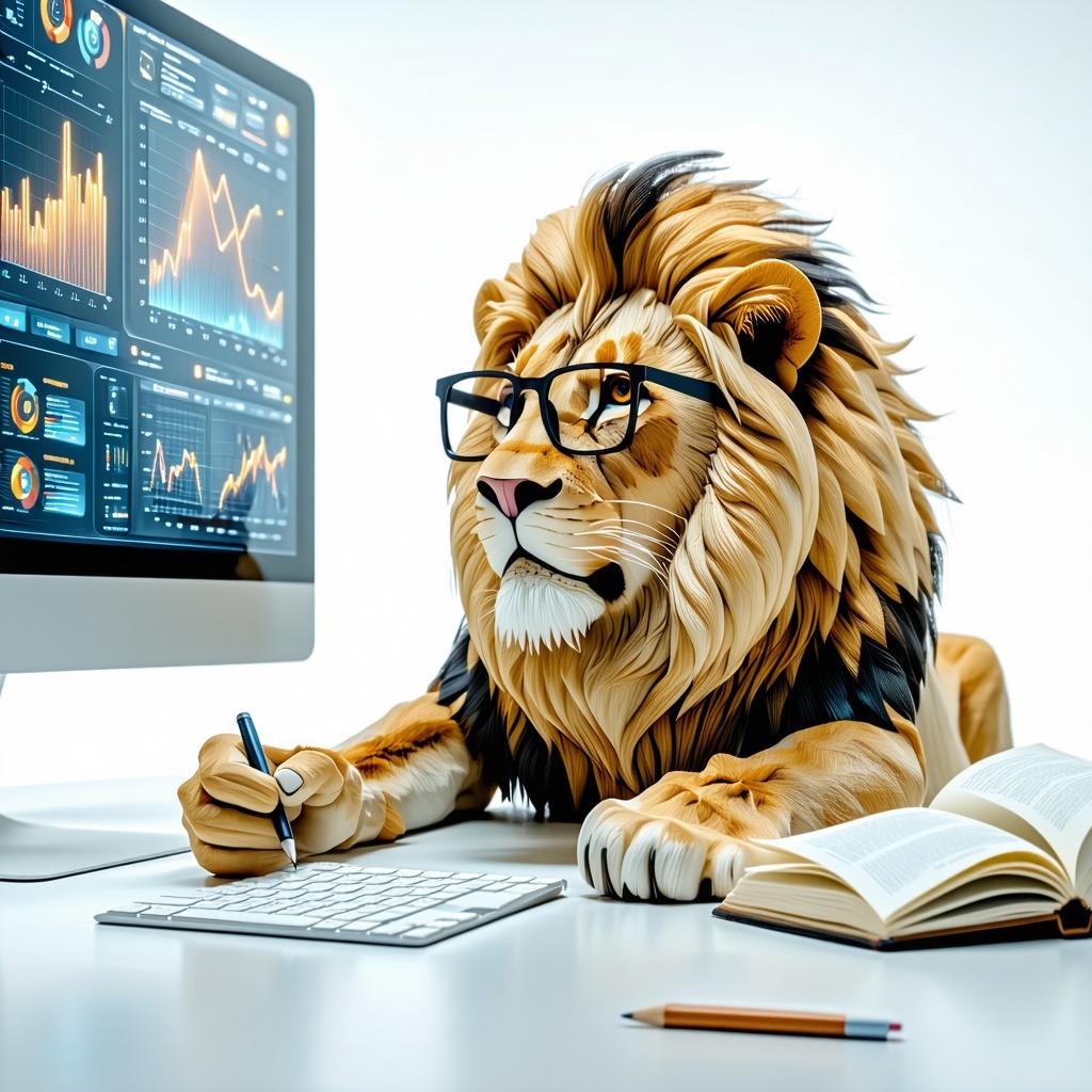 lion with glasses in a white room studying data on a big screen