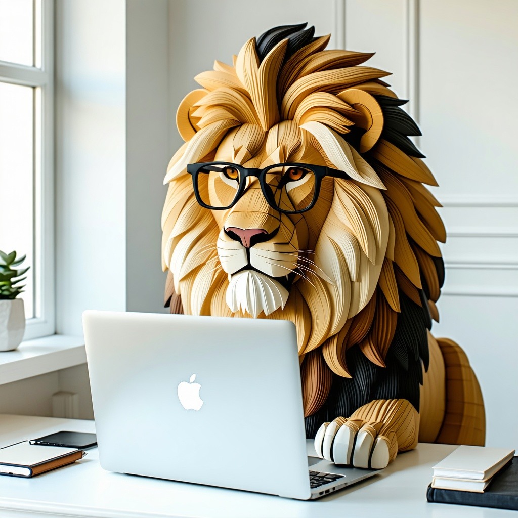 realistic lion with glasses resembling The Revenue Lion in a white room on a white desk using a white Apple laptop photorealistic-1